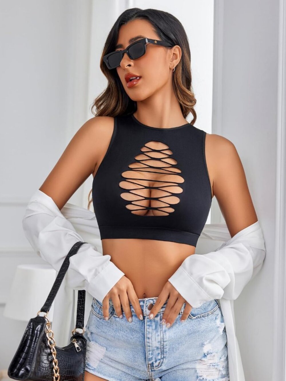 Women's Fishnet Top Sexy Cut Out Crop Short Hollow Out Cropped Tank TopS M L - Picture 4 of 6